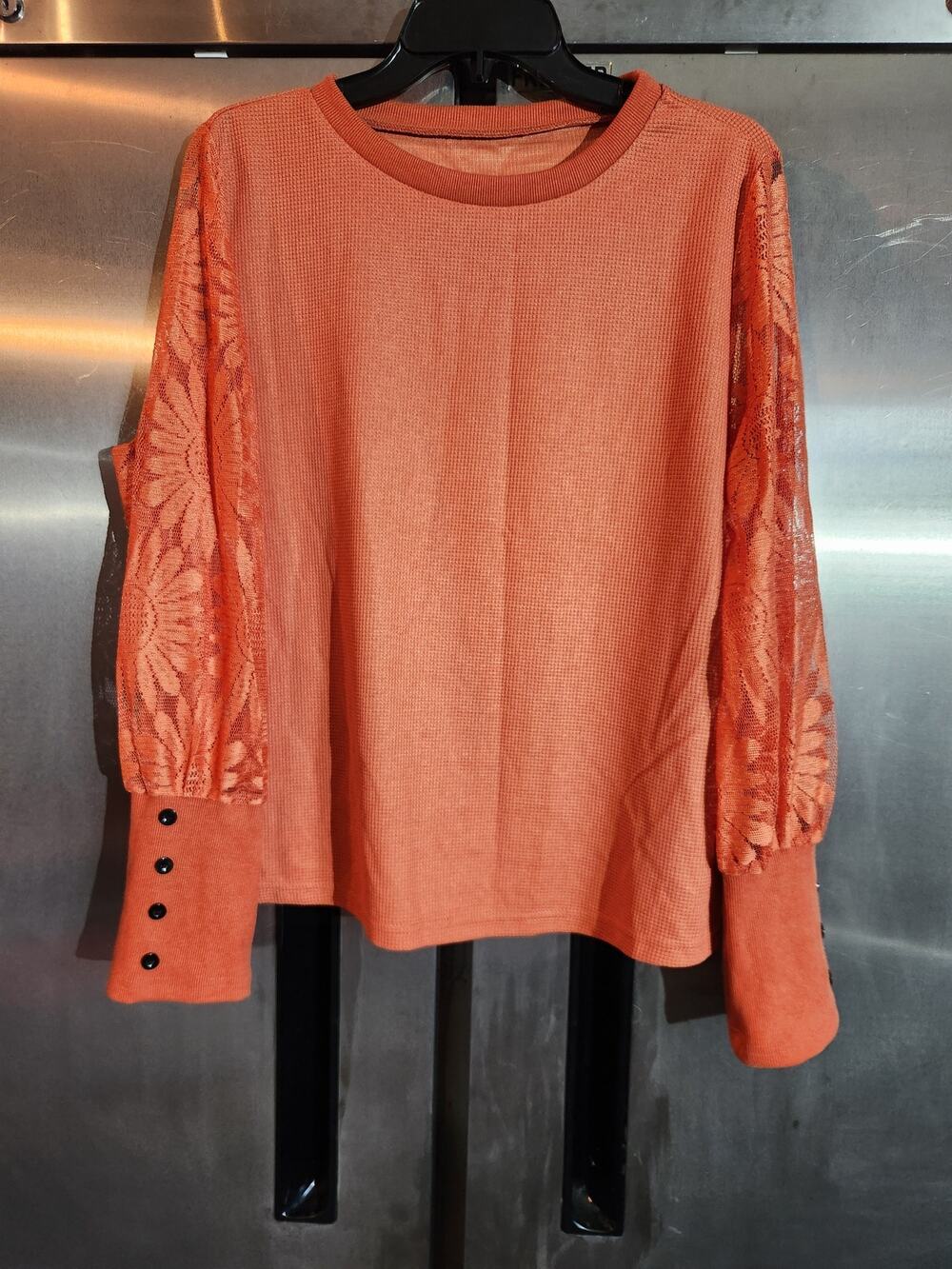 Shein Orange Waffle Knit Floral Lace Sleeve Top Size XL